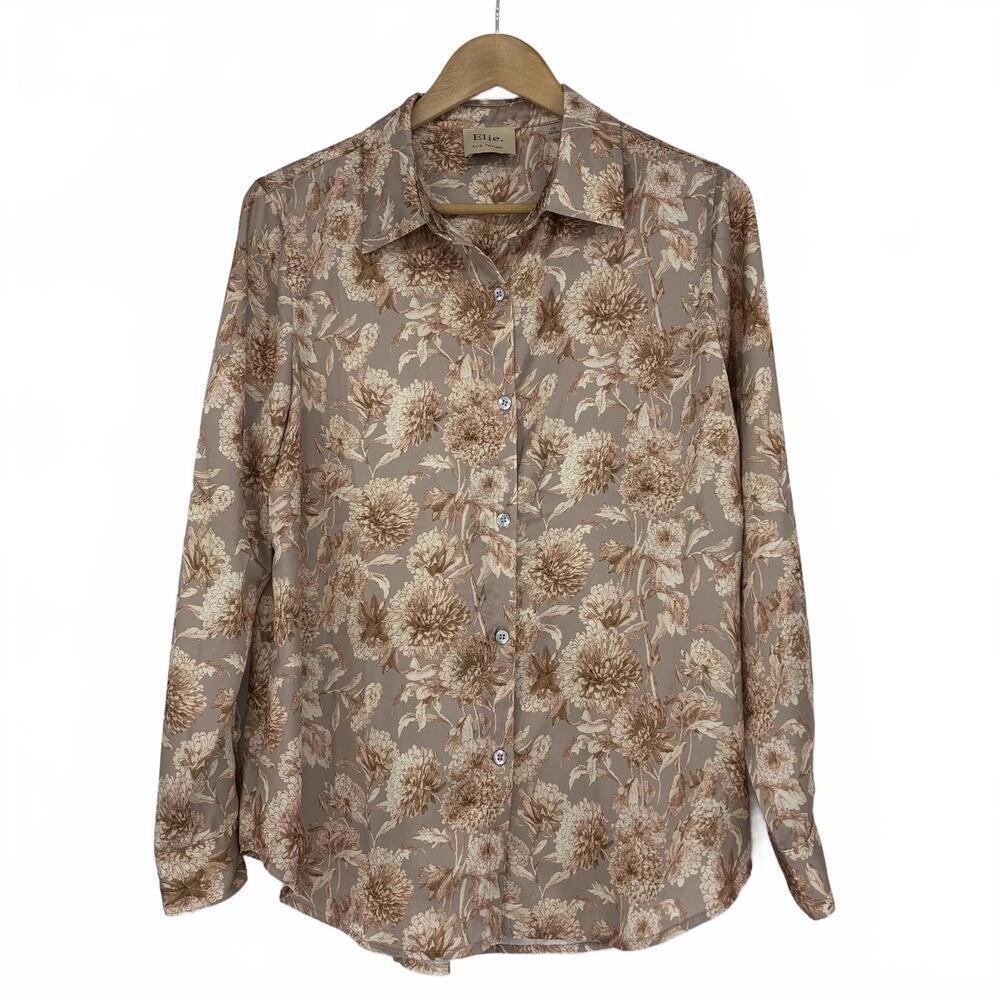 Elie. Elie Tahari Silky Neutral Gray Tan Floral Print Blouse Sz Lg - Picture 1 of 9